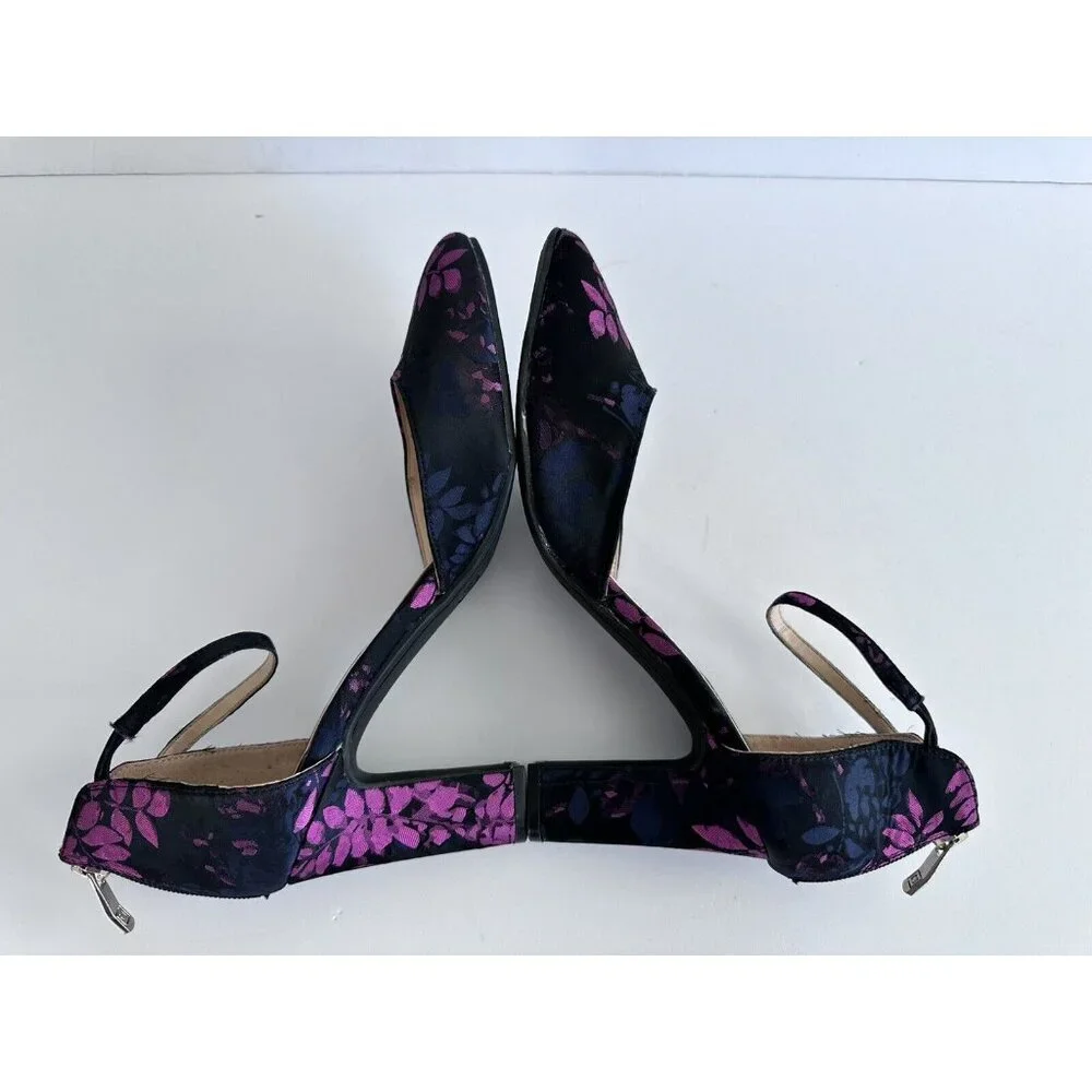 LIZ CLAIBORNE DARK BLUE PURPLE FLORAL ANKLE STRAP PUMPS WINNIE 8W‎ WHIMSY READ